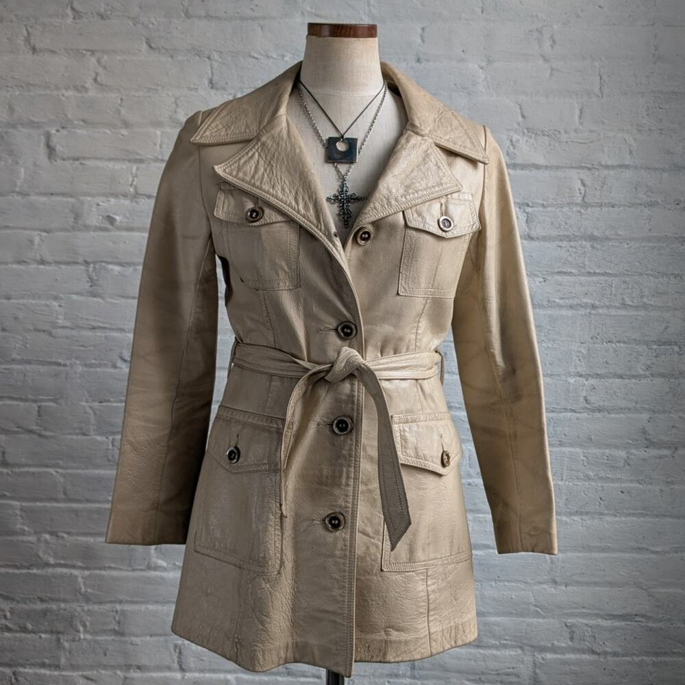 70s Vintage White Genuine Leather Trench Coat Minimalist Boho Moto Biker Jacket - Picture 6 of 8